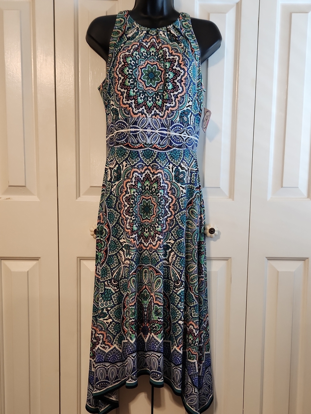 Sleeveless Medallion Maxi Dress - Teal & Navy - US Size 4 - Brand: London Times